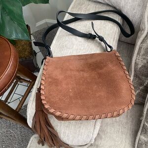 AllSaints Brown Leather Crossbody Bag with Tassel Accent